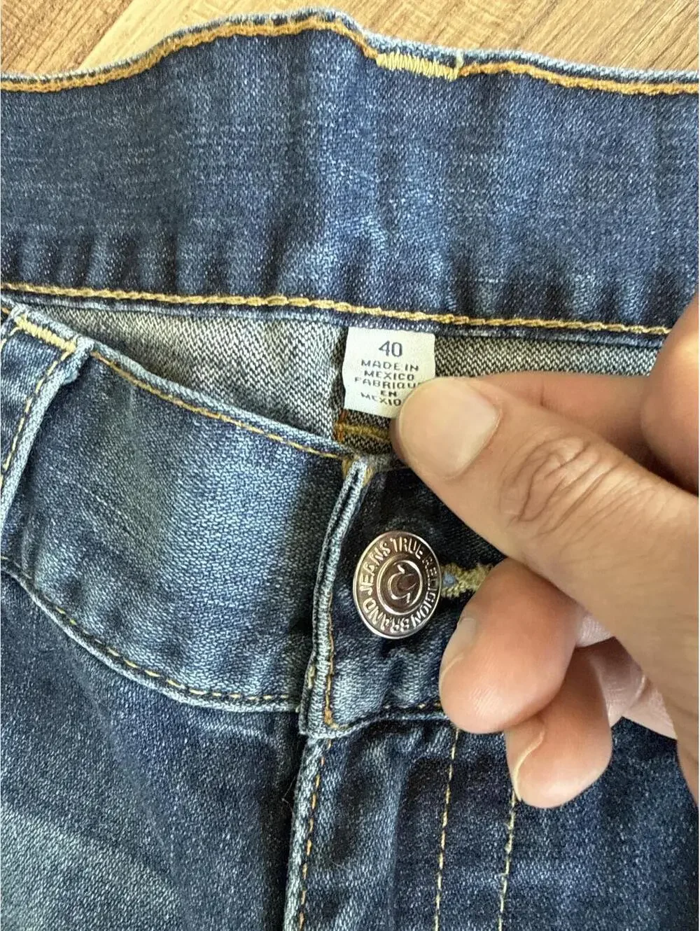 True Religion Straight Mens Jeans 40x33 Distressed Blue Denim Flap Pocket